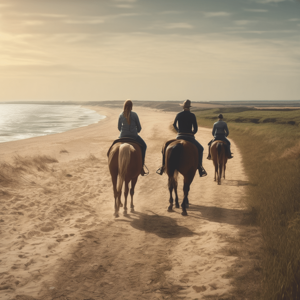 A_realistic_landscape_shot_of_a_Vend_e_landscape_and_a_family_horseback_riding_by_the_sea_